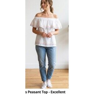 "See and Be Seen" Women’s White Peasant Boho Chic Shirt Top 100% Cotton Sz M